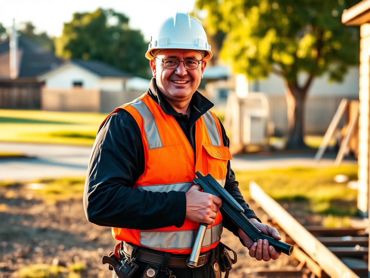 Australian tradesperson on site in hi-vis workwear